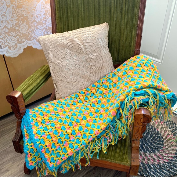 Vintage Other - Vintage Handmade Bright Colorful Afghan Throw Blanket Yellow Pink Blue